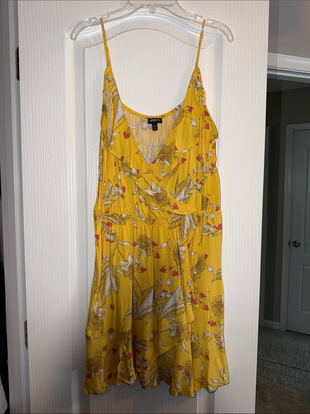 Express Yellow Floral Spaghetti-Strap Wrap Mini Dress